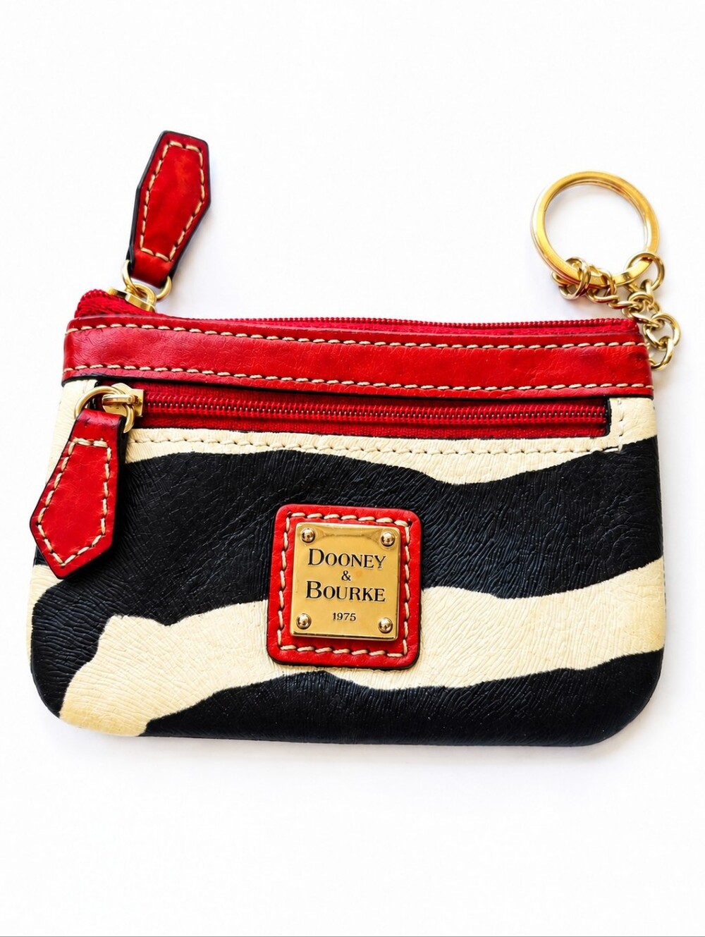 Dooney & Bourke Black Cream Stripe Coin Pouch with Red Trim and Gold Hardware